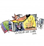 Dessin Conte La Valse des Loups, un loup, un accordéon, un micro et un feu de bois