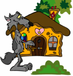 Illustration Conte Le petit chaperon rouge, le loup est devant la maison