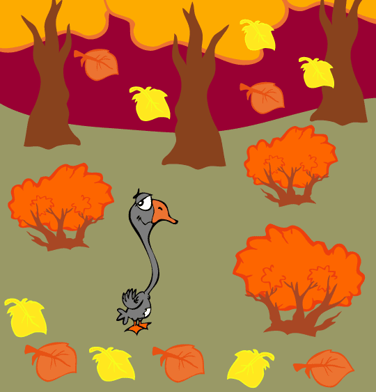 Dessin du vilain petit canard dans la forêt automnale, illustrateur Dang