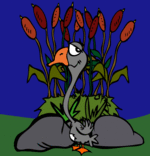 Illustration Conte Le vilain petit canard, petit canard devant son buisson de joncs