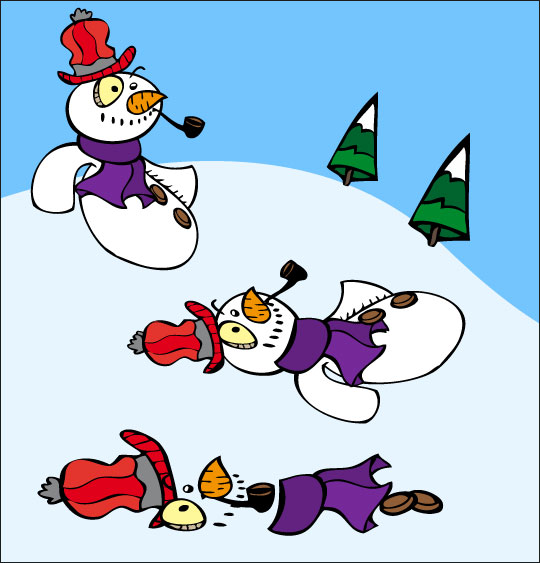 Dessin poésie de Noël, le bonhomme de neige fond sous le soleil, illustrateur Dang