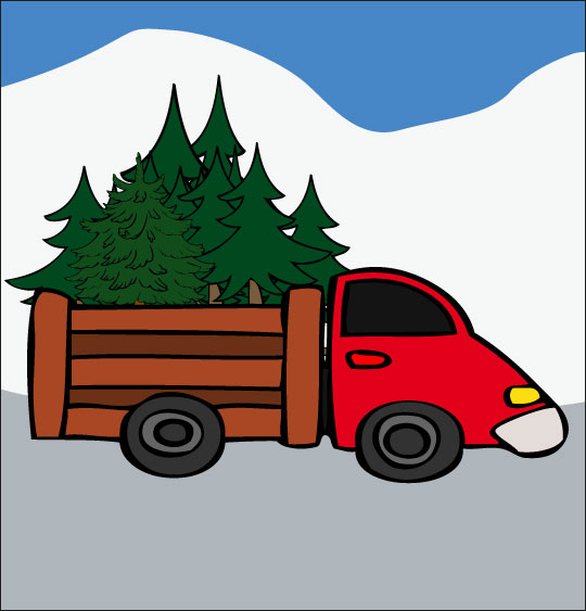 Dessin Le sapin de Noël, le camion qui transporte les sapins, illustrateur Rydlova