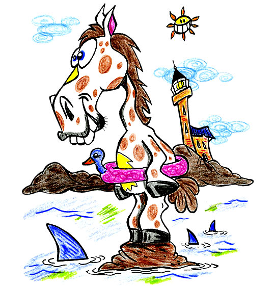 Dessin des vacances d'été à la mer, un cheval hésite à se baigner, illustrateur Dang