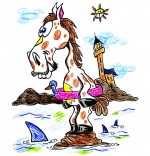 Illustration Vacances d'été à la mer, un cheval hésite à se baigner