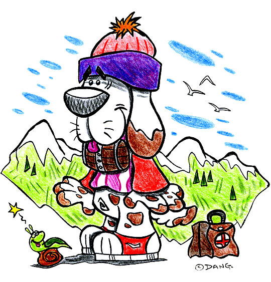 Dessin des vacances d'été à la montagne, le chien Saint Bernard, illustrateur Dang