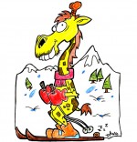 Illustration Vacances de février, une girafe fait du ski à la montagne