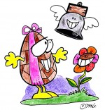 Illustration Vacances de Pâques, l'oeuf en chocolat, la fleur et la cloche