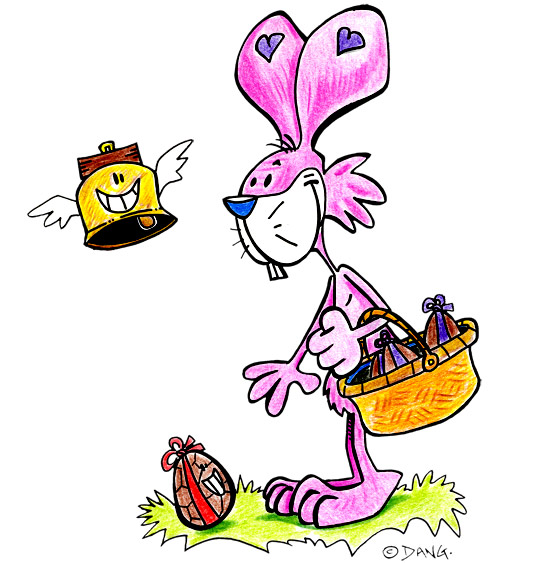 Dessin Vacances de Pâques, le lapin ramasse les oeufs en chocolat, illustrateur Dang